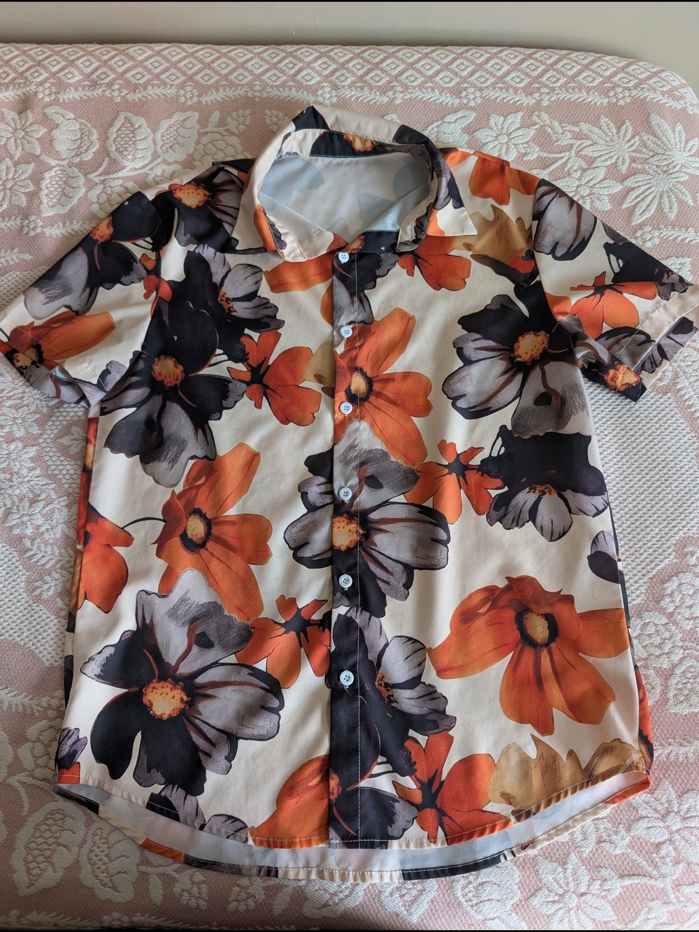 Men's Short-Sleeve Floral Button-Up Shirt - Orange & Black